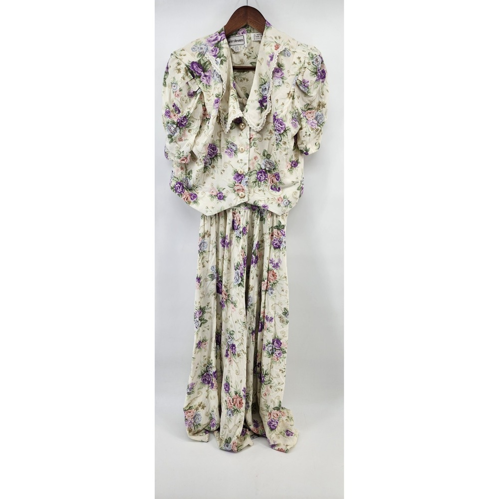 Karin Stevens Vintage 90s Floral 2 Piece Maxi Dress Set Ivory Purple Size 10